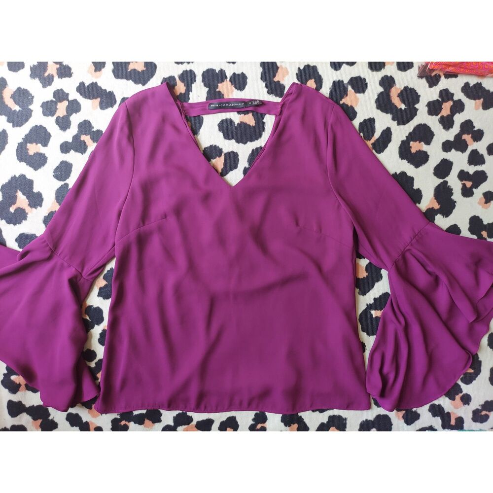 White House Black Market Chiffon Blouse Bell Sleeves V-Neck Purple Drape Back 6